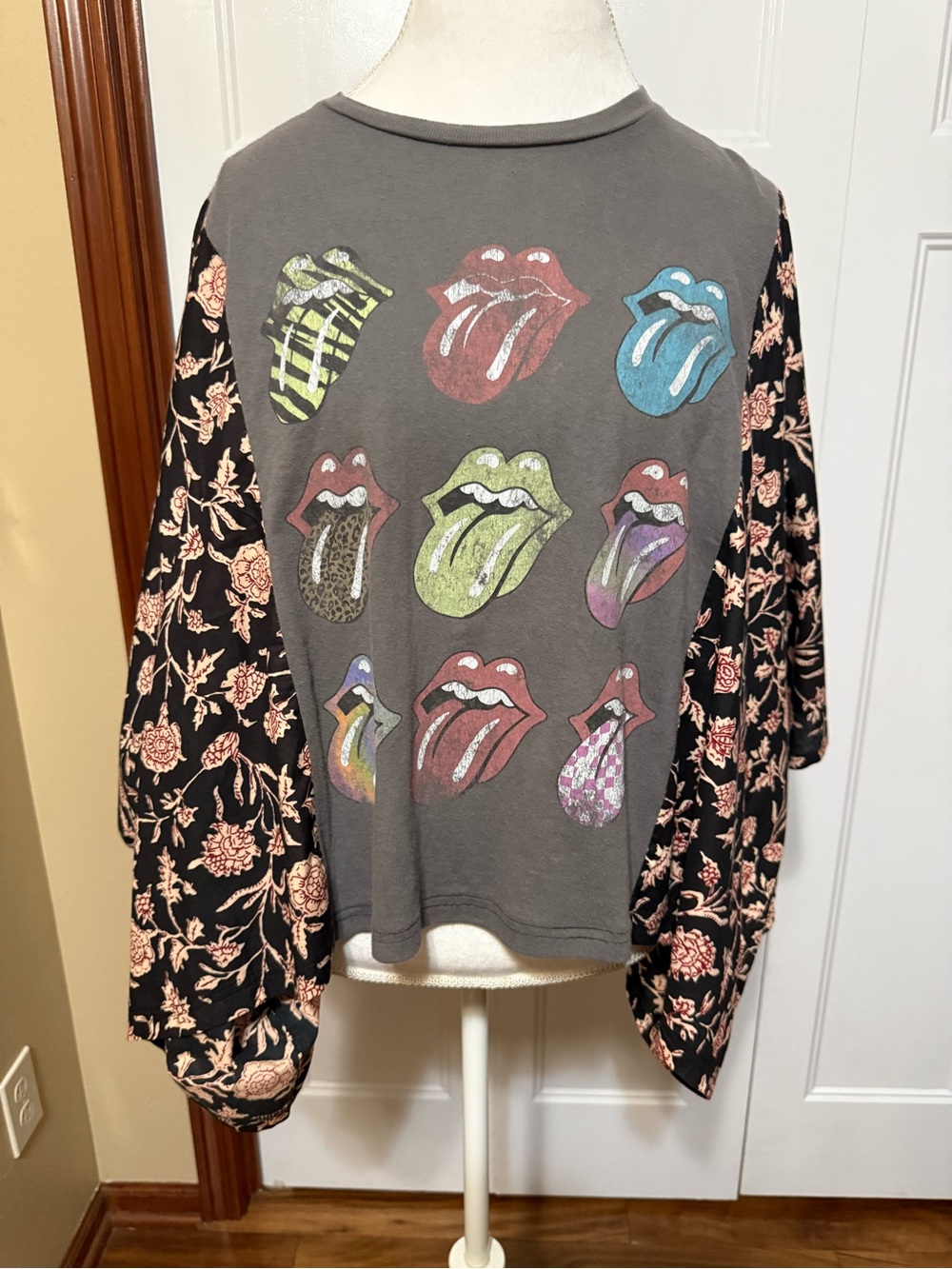 Shannon Passero Upcycled Rolling Stones Vintage Band Tee Floral Bell Sleeve Top